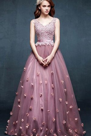 Ärmelloses A Linie Tüll V-Ausschnitt Ballkleid mit Applike mit Blume - Bild 1