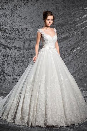 Abito da Sposa A-Line A Terra V-Scollo Allacciato con Manica Corte Coda A Strascico Cappella - Foto 1