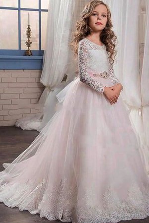 Robe de cortège enfant naturel avec manche longue jusqu'au sol en tulle avec fleurs - Photo 1