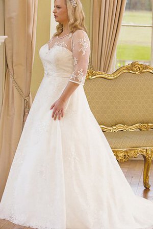 A-Line plissiertes Spitze dreiviertel Länge Ärmeln Satin Brautkleid mit Gürtel - Bild 1