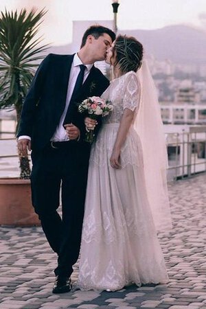 Abito da Sposa con Manica Corte in pizzo Lupetto Barchetta in Chiffon A-Line - Foto 1