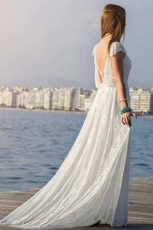 Abito da Sposa con Manica Corte con Applique in Pizzo A-Line con Perline Profondo V-scollo - Foto 3