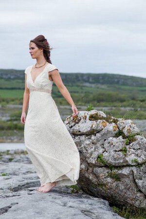 Abito da Sposa in Pizzo A-Line V-Scollo con Manica Corte alta vita Cappellino - Foto 5