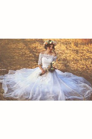 Abito da Sposa con Applique Fuori dalla spalla con Bottone A-Line Naturale in Pizzo - Foto 3