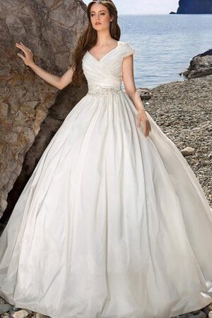 Abito da Sposa V-Scollo in Raso Allacciato con Increspato Coda A Strascico Corto Ball Gown - Foto 1