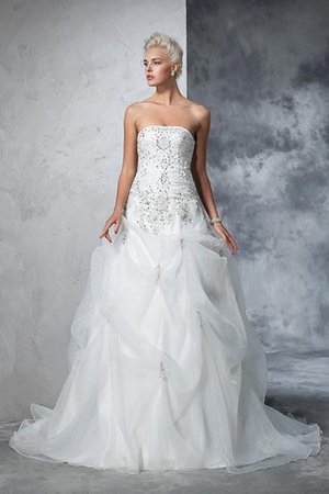 Abito da Sposa Classico in Tulle Allacciato con Perline Senza Spalline - Foto 5