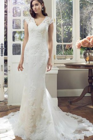 Abito da Sposa con Applique V-Scollo Tubino con Manica Corte in pizzo Cappellino - Foto 1