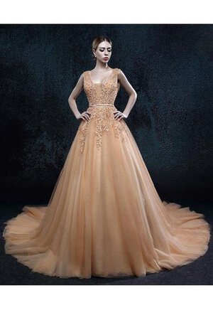 Abito da Ballo Schiena Nuda Senza Maniche con Applique V-Scollo con Perline in Tulle - Foto 1