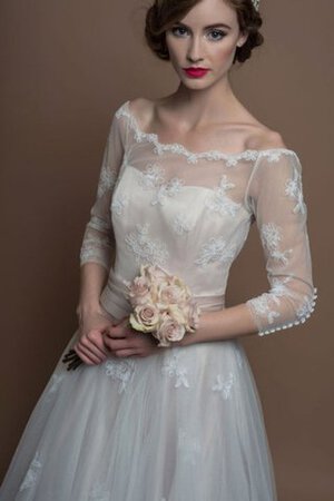 Abito da Sposa con Applique largo in Tulle con Tre Quarti Lunghezza Maniche A Terra Naturale - Foto 4