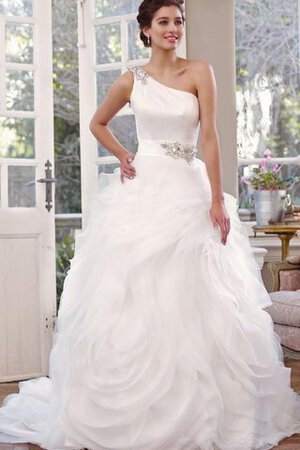 Abito da Sposa Lungo monospalla Elegante con Increspature decorato Coda A Strascico Cappella - Foto 1