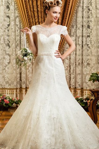 Robe de mariée naturel modeste avec perle cordon encolure ronde - Photo 1