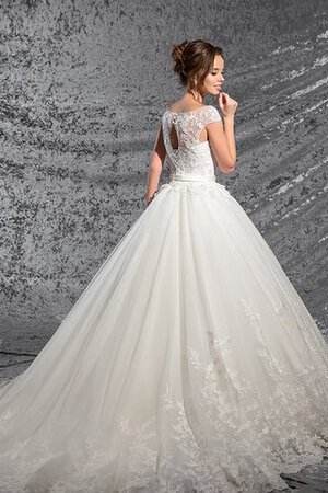 Abito da Sposa A-Line A Terra V-Scollo Allacciato con Manica Corte Coda A Strascico Cappella - Foto 2