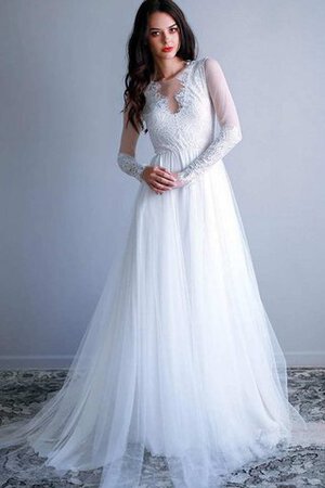 Robe de mariée festonné plissage de traîne courte a-ligne avec manche longue - Photo 4