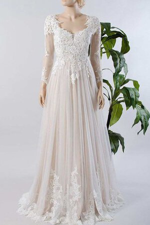 Plissiertes Tüll V-Ausschnitt extravagantes Brautkleid mit Bordüre mit Applikation - Bild 1