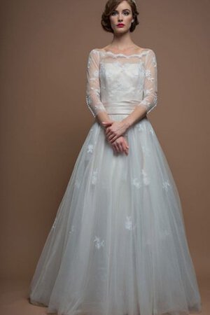 Abito da Sposa con Applique largo in Tulle con Tre Quarti Lunghezza Maniche A Terra Naturale - Foto 1