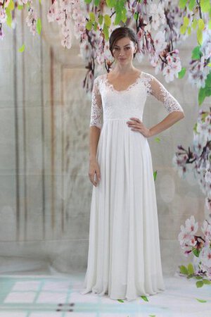 Robe de mariée simple plissé avec décoration dentelle col u profond jusqu'au sol - Photo 1