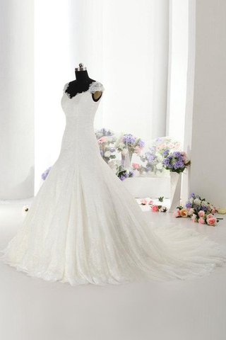 Robe de mariée plissé avec manche courte avec lacets jusqu'au sol de col en v - Photo 2