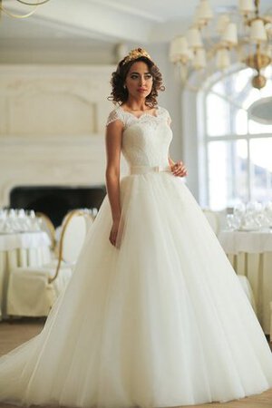 Robe de mariée naturel avec décoration dentelle col en bateau de traîne mi-longue en tulle - Photo 1