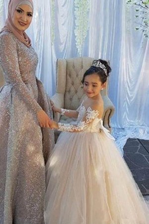 Robe de cortège enfant avec manche longue avec fleurs en tulle coupé naturel - Photo 1