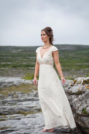 Abito da Sposa in Pizzo A-Line V-Scollo con Manica Corte alta vita Cappellino - Foto 1