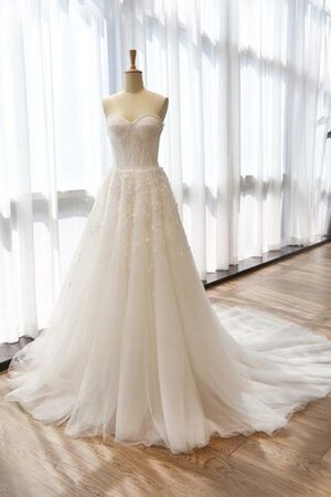 Robe de mariée manche nulle en satin avec fleurs col en forme de cœur a-ligne - Photo 1