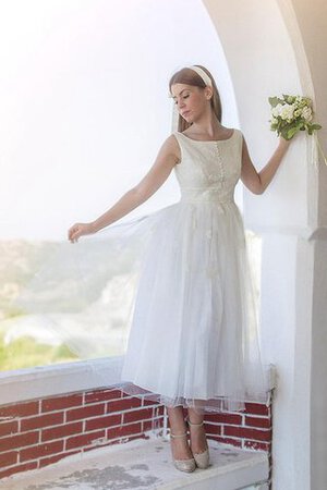 Abito da Sposa con Perline Cerniera Senza Maniche A-Line Sotto Ginocchio in Tulle - Foto 5