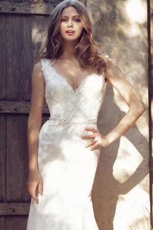 Robe de mariée naturel de col en v de sirène avec ruban avec manche longue - Photo 3