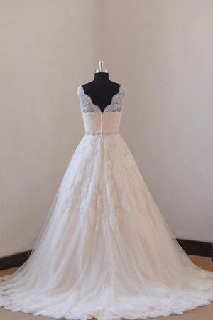 Robe de mariée naturel plissé col ras du cou de traîne courte avec sans manches - Photo 3