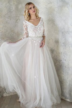 Robe de mariée de col en v decoration en fleur textile en tulle ligne a avec perle - Photo 4