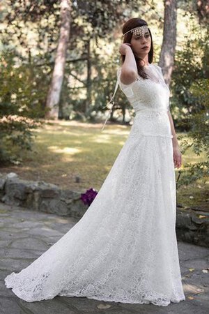 Robe de mariée vintage ceinture en étoffe avec zip de traîne courte a-ligne - Photo 5