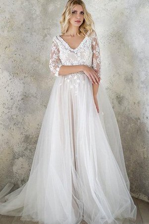 Robe de mariée de col en v decoration en fleur textile en tulle ligne a avec perle - Photo 1