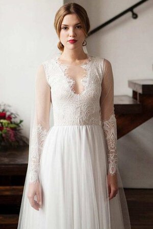 Robe de mariée festonné plissage de traîne courte a-ligne avec manche longue - Photo 3