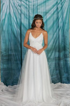 Robe de mariée avec gradins bretelles spaghetti a-ligne au bord de la mer en tulle - Photo 1