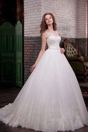 Abito da Sposa con Applique A Terra Naturale in Pizzo Senza Maniche Coda A Strascico Cappella - Foto 1