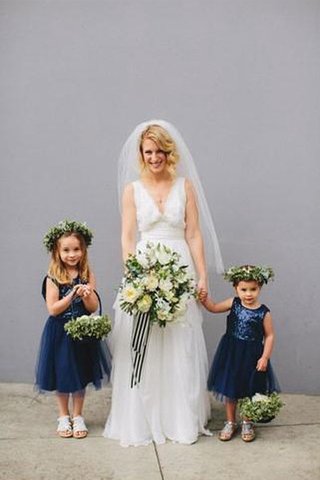 Robe de cortège enfant sexy en tulle ligne a avec fleurs col ras du cou - Photo 2