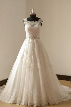 Robe de mariée distinguee avec zip de col bateau manche nulle a-ligne - Photo 1