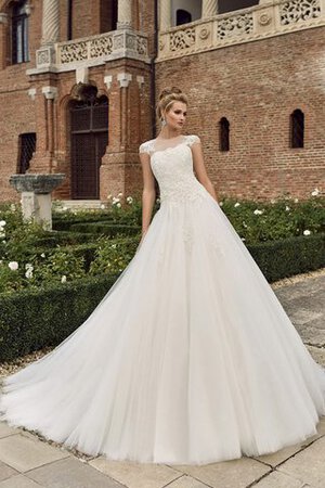 Abito da Sposa con Manica Corte Naturale con Applique largo Cappellino Coda A Strascico Corto - Foto 1