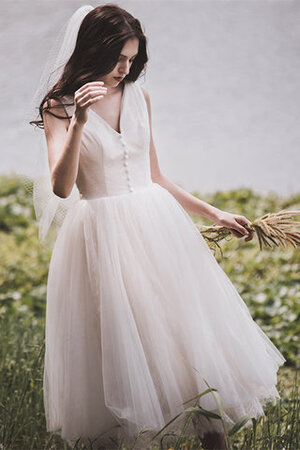 Abito da sposa v-scollo moda senza maniche in stain elastico in tulle corto - Foto 3