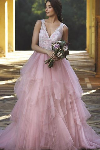 Robe de mariée naturel de col en v longueur au ras du sol ruchés plongeants avec sans manches - Photo 2