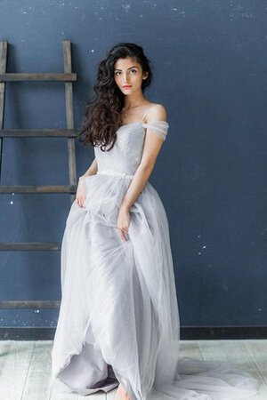 Abito da Sposa con Perline in Tulle Cerniera lusso A-Line Spazzola Treno - Foto 4