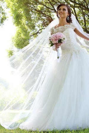 Abito da Sposa Naturale con Perline Allacciato Cappellino con Manica Corte Barchetta - Foto 3