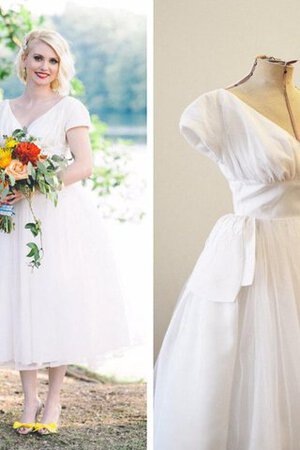 Abito da Sposa Sotto Ginocchio in Tulle retro A-Line con Manica Corte con Increspato - Foto 4