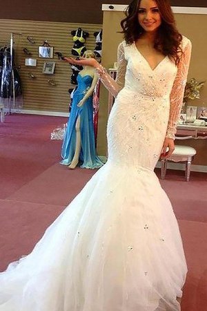 Abito da Sposa Sirena con Perline V-Scollo Moderno Medievale - Foto 1