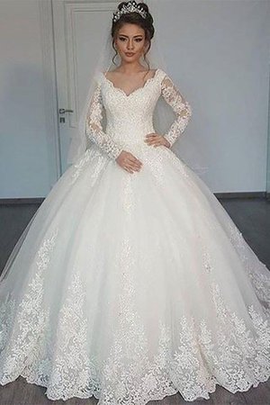 Abito da Sposa in Tulle Naturale V-Scollo Elegante Coda A Strascico Corto - Foto 1