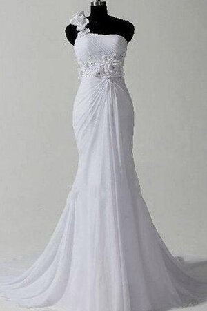 Robe de mariée d'épaule asymétrique de sirène avec zip manche nulle avec fleurs - Photo 1