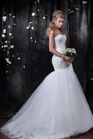 Abito da Sposa Allacciato con Applique Naturale con Increspato Spazzola Treno Cuore - Foto 2