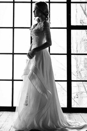 Robe de mariée chic a-ligne boutonné avec fleurs textile en tulle - Photo 4