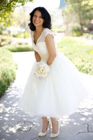 Romántico Vestido de Novia en Tul de Manga corta de Cremallera de Escote en V - Foto 2