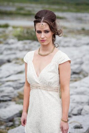 Abito da Sposa in Pizzo A-Line V-Scollo con Manica Corte alta vita Cappellino - Foto 4