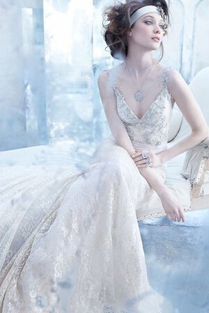 Spitze Perlenbesetztes Ärmelloses rückenfreies Brautkleid mit Bordüre mit Kristall - Bild 3